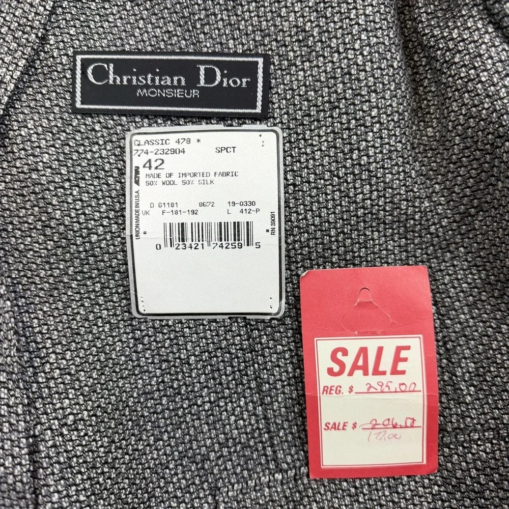 Vintage Christian Dior Sport Coat Blazer Mens 42R Gray Wool Silk Tweed Check‎